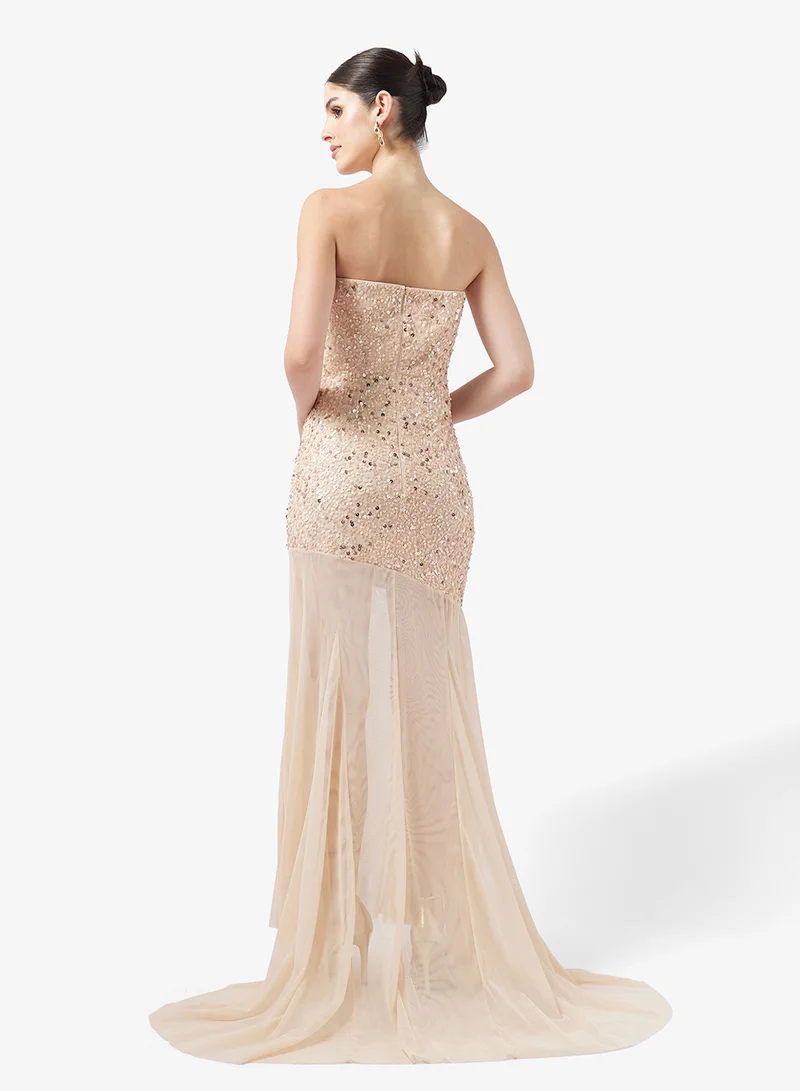 Little Mistress Embellished Mesh Bandeau Detail Maxi Dress